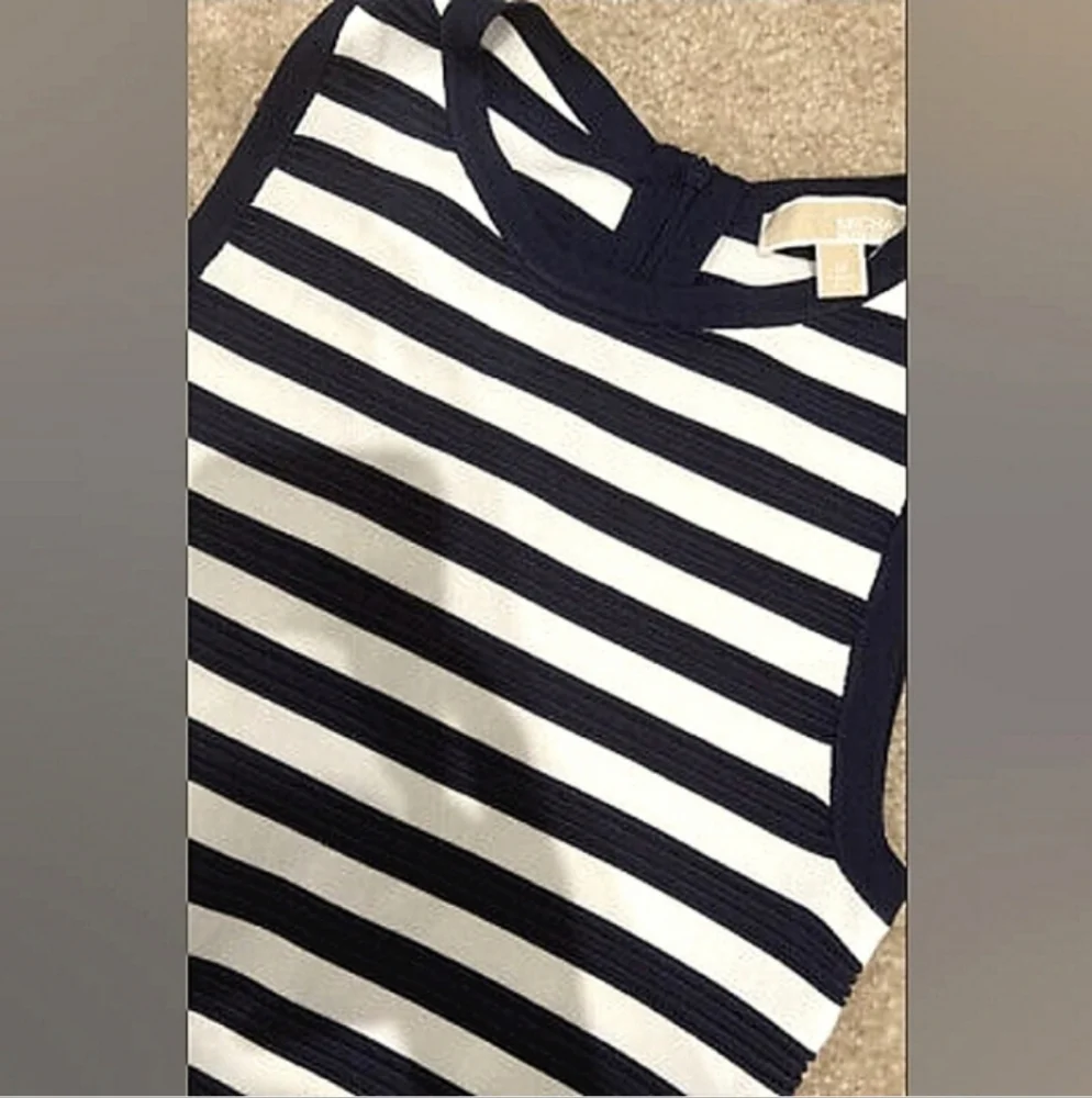 MICHAEL KORS Asymmetrical Stripe Panel Stretch Ribbed Sleeveless Dress NWT - Picture 3 of 13